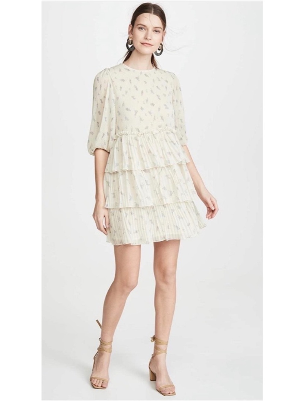 Ganni Pleated Georgette Floral Tiered Mini Dress Cream Lavender 42
